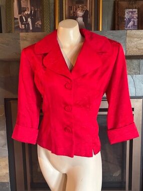 50s Inspired Mark Farrel Cherry Red Jacquard Snatched Bombshell Jacket M